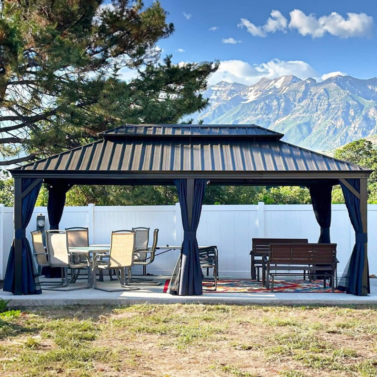 [12X20FT] Heavy-Duty Outdoor Backyard Hardtop Gazebo With Netting And Curtains (SAK18352)