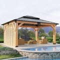 [12X14FT] Modern Double-Tier Hardtop Spruce Wood Gazebo With Built-In Privacy Wall & Ceiling Hooks (SAK75086)