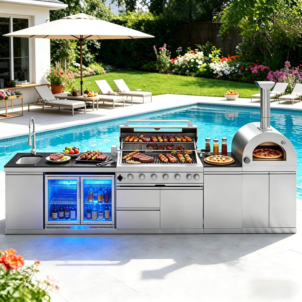147-Inch 6-Burner 120K BTU Outdoor Kitchen Island With Pizza Oven, Rotisserie & Refrigerator (SAK96429)