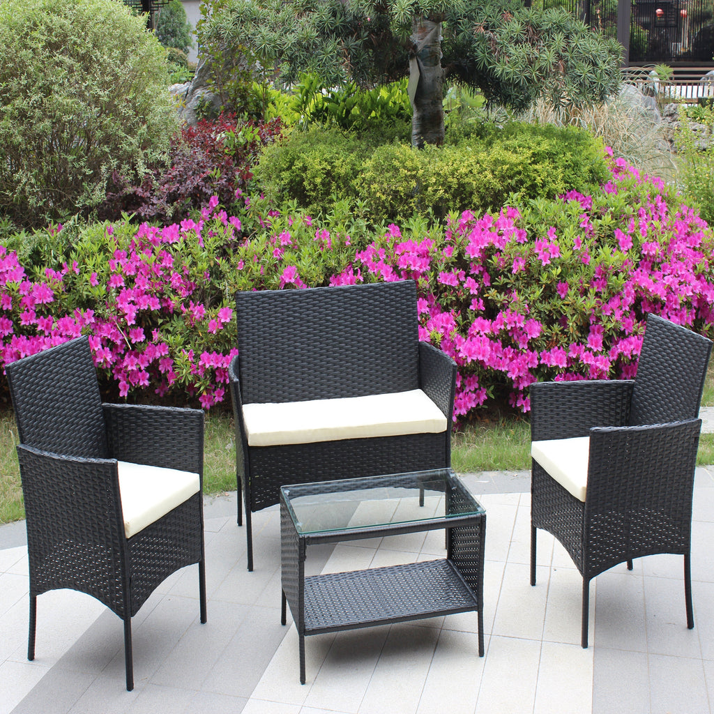4 PC Rattan Patio Furniture Set with Cushioned Sofa - Black