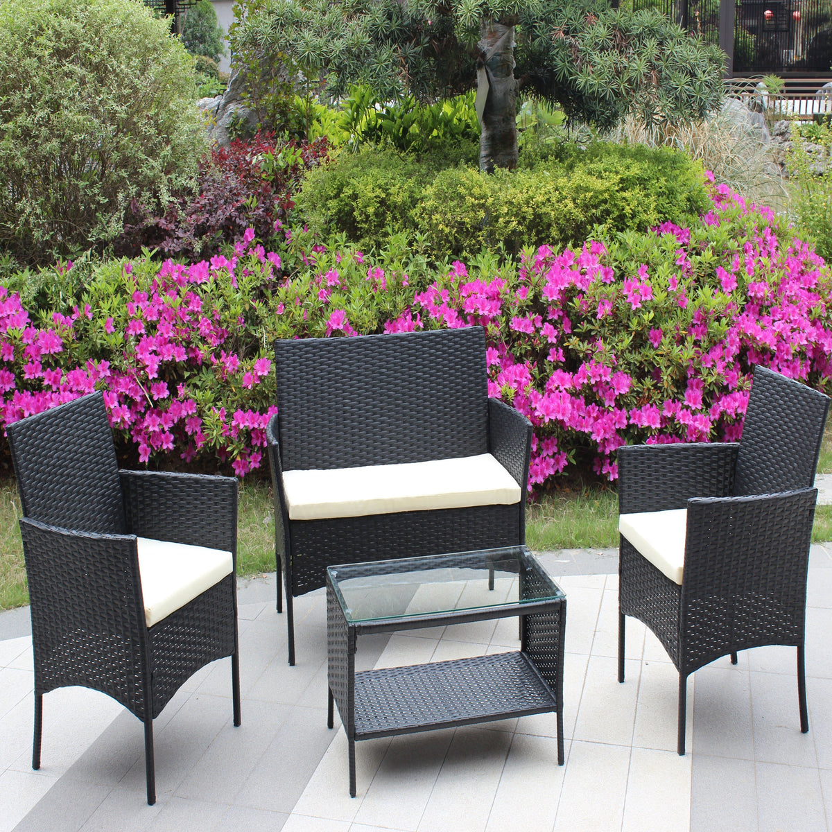 4 PC Rattan Patio Furniture Set with Cushioned Sofa - Black