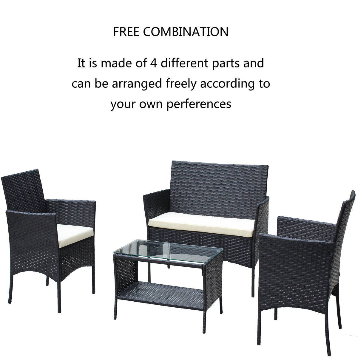 4 PC Rattan Patio Furniture Set with Cushioned Sofa - Black