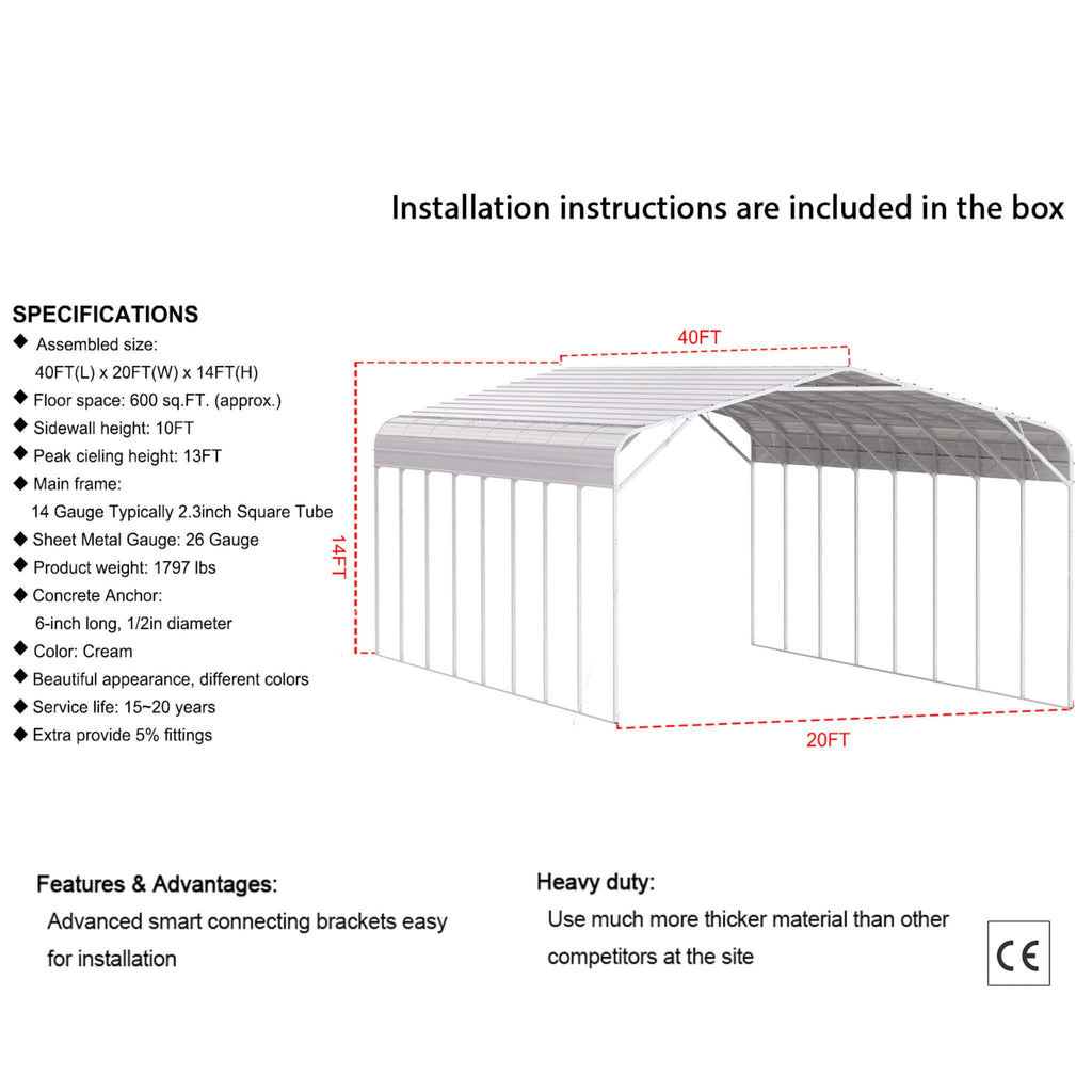 [20X40FT] Heavy-Duty Outdoor High-Clearance Metal Carport (SAK67509)