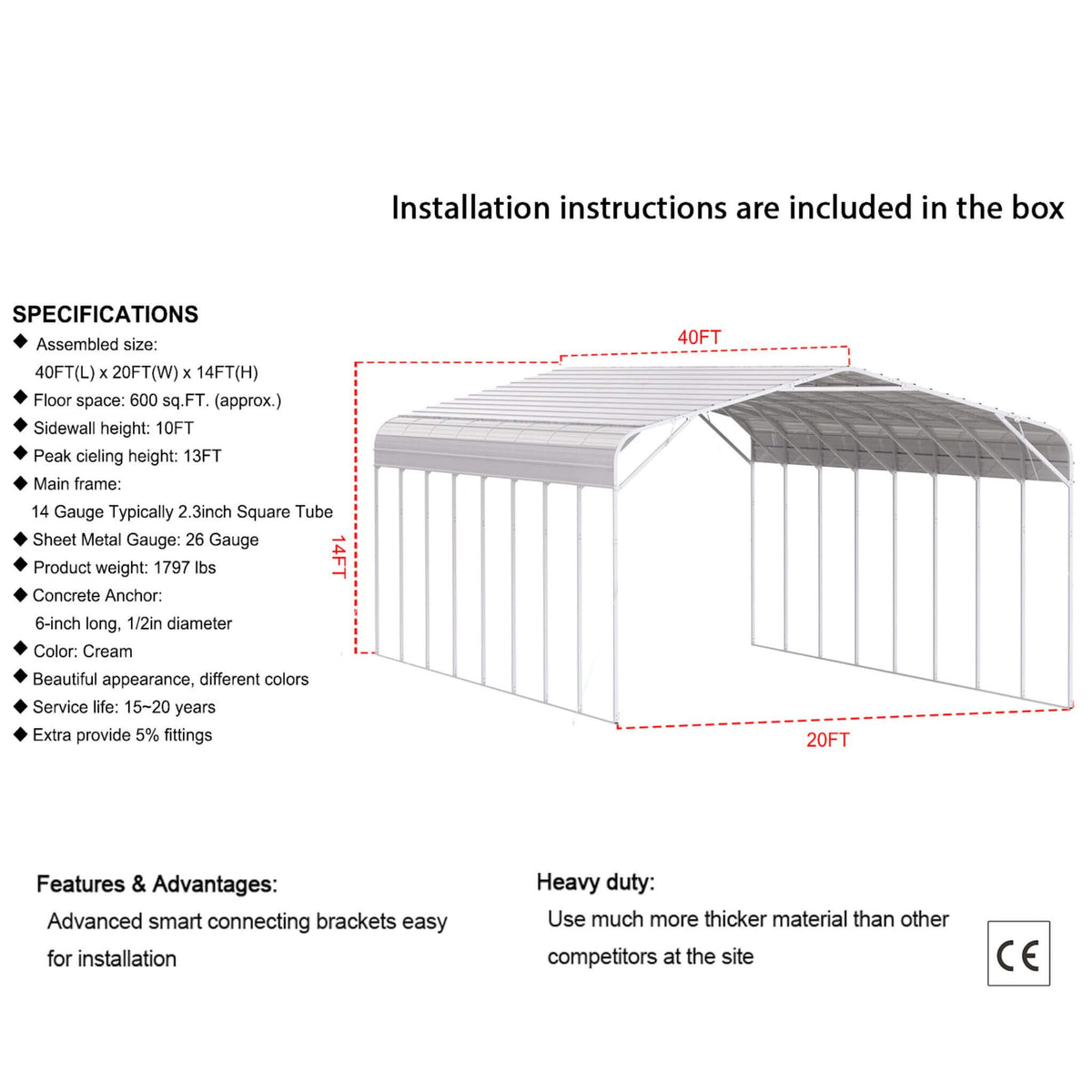 [20X40FT] Heavy-Duty Outdoor High-Clearance Metal Carport (SAK67509)