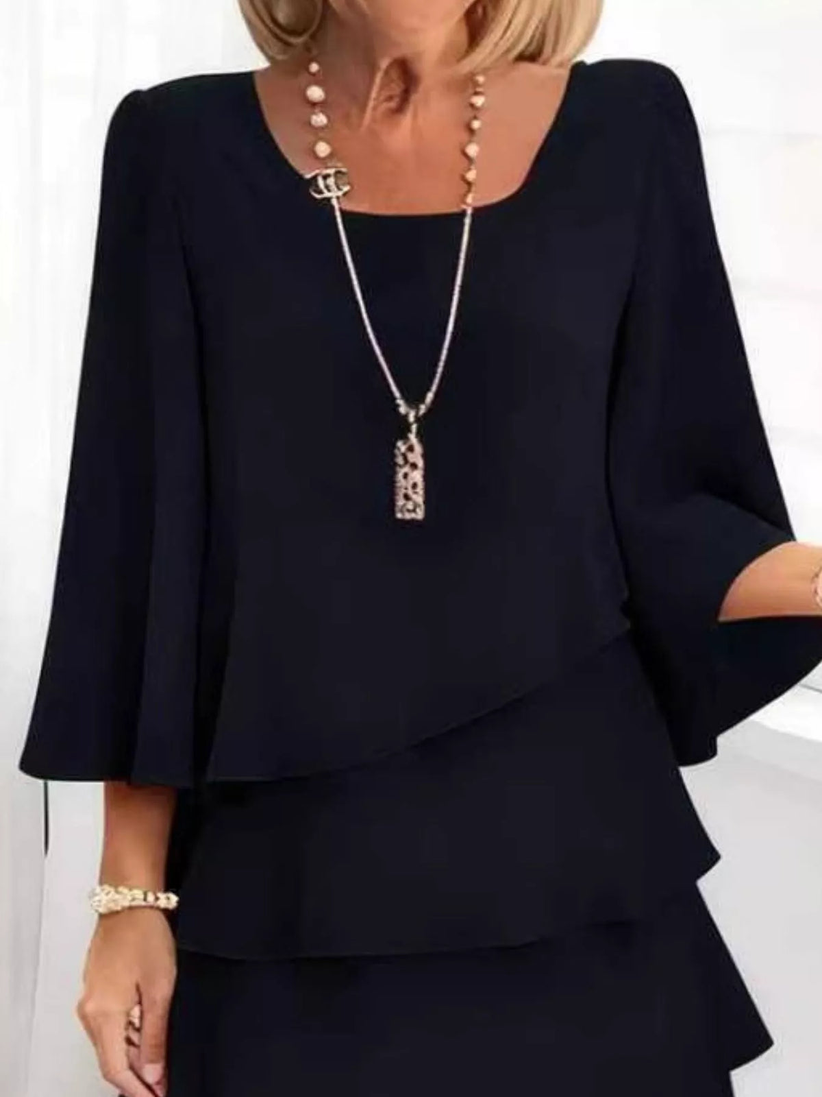 Ruffled Layered 3/4 Sleeve Dress