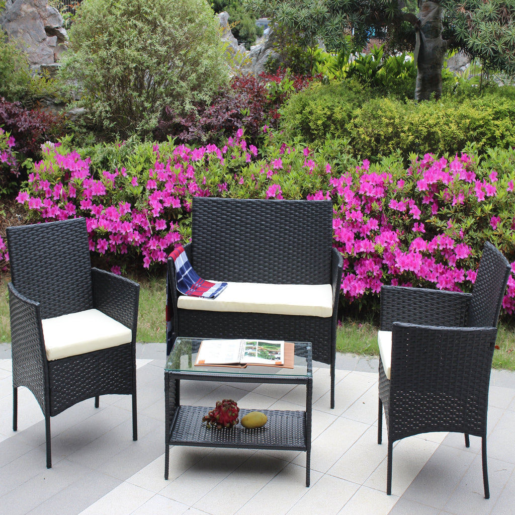 4 PC Rattan Patio Furniture Set with Cushioned Sofa - Black