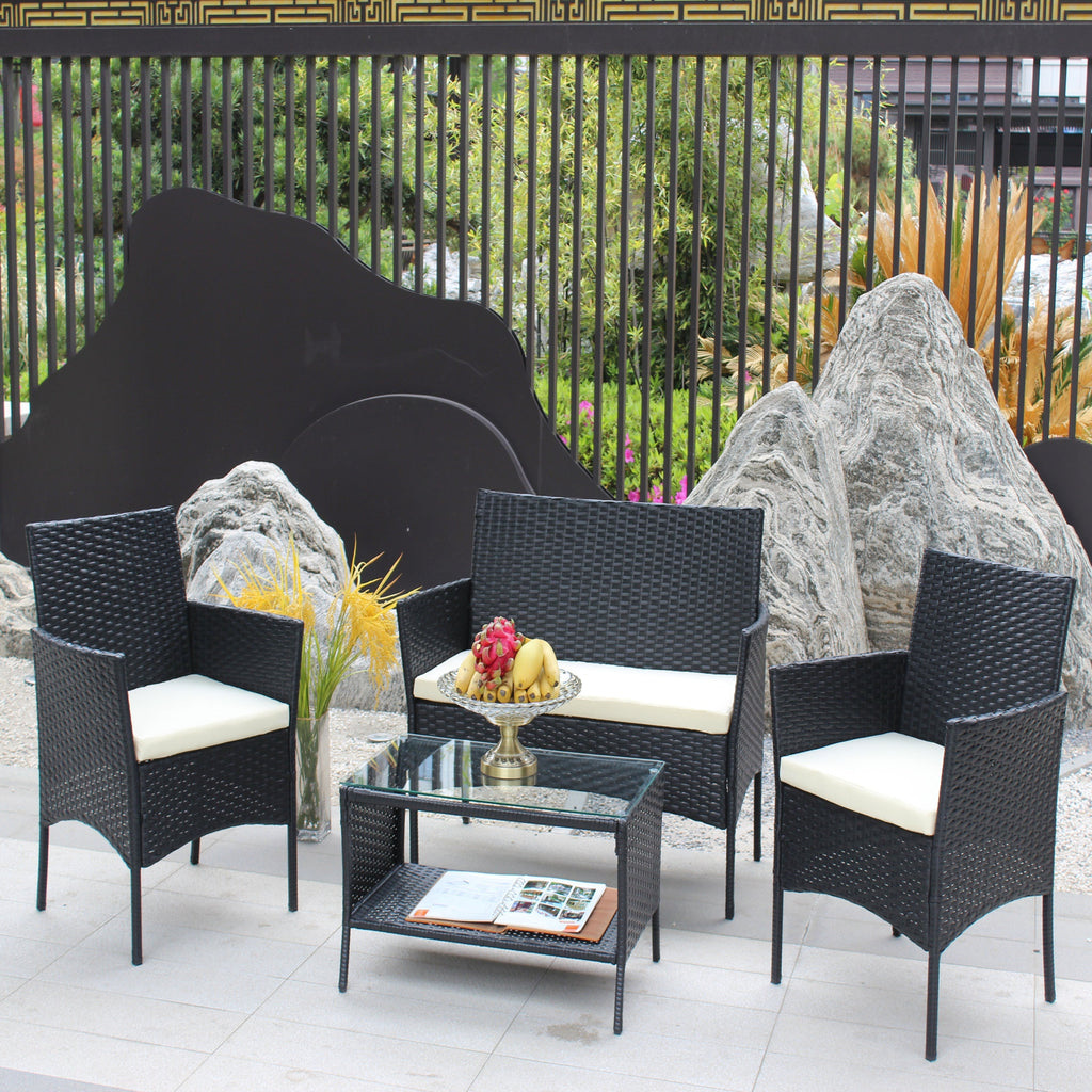 4 PC Rattan Patio Furniture Set with Cushioned Sofa - Black