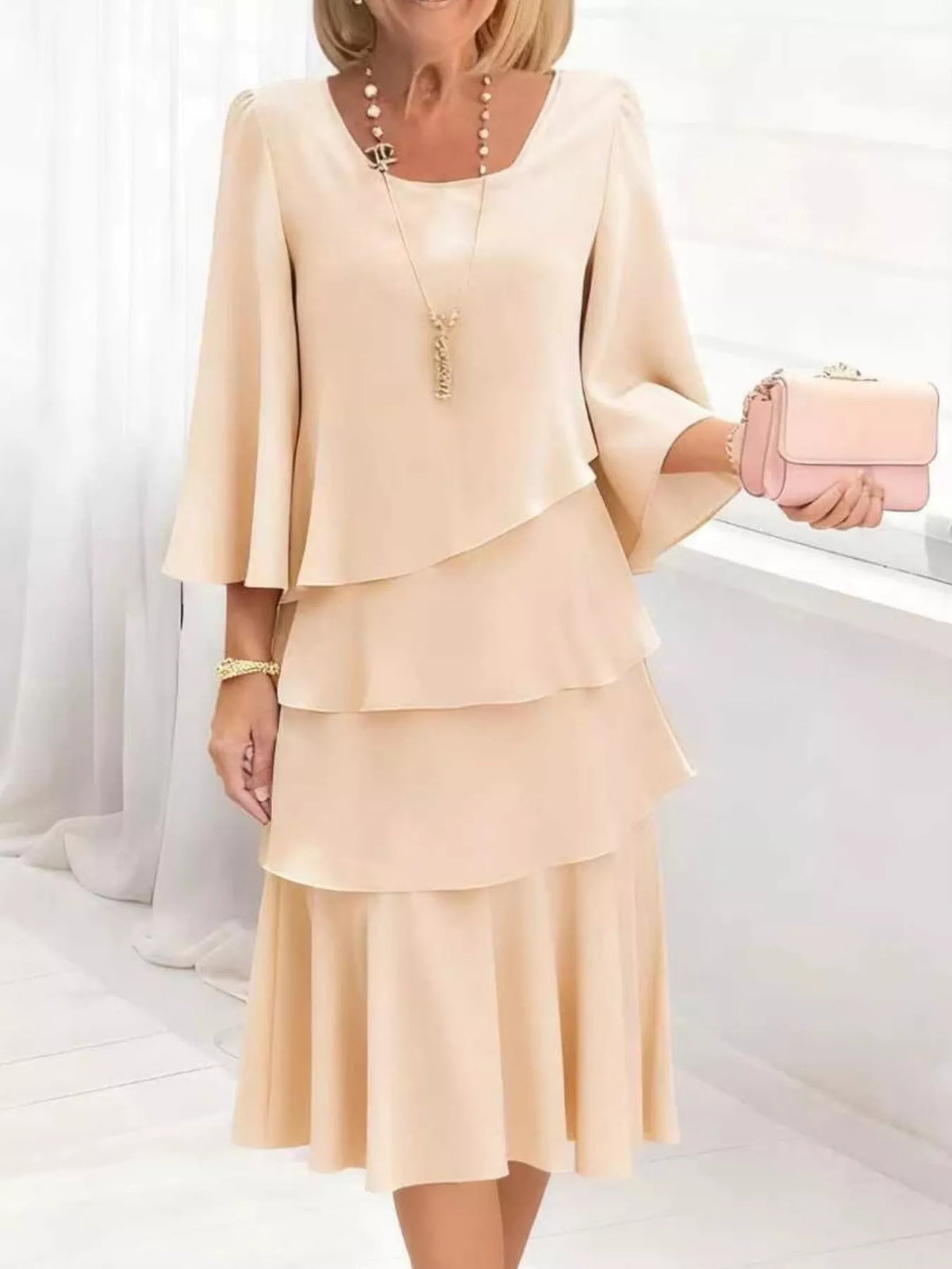 Ruffled Layered 3/4 Sleeve Dress