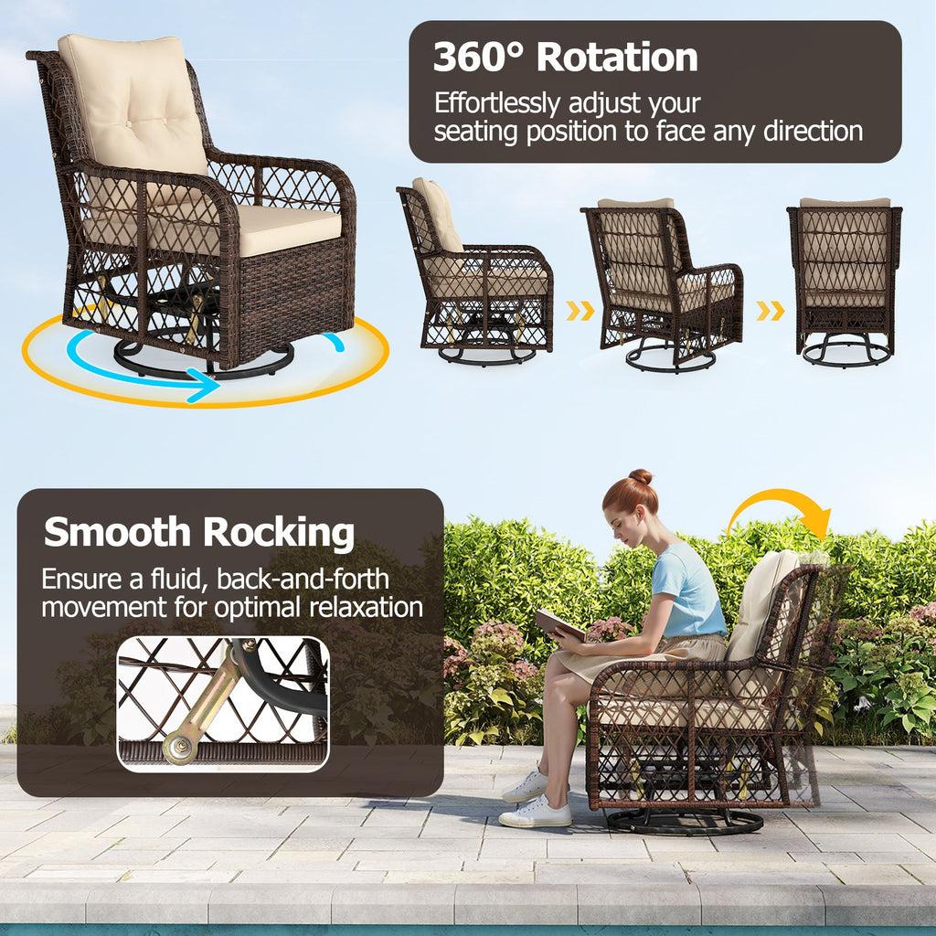 3 Pieces Patio Furniture Set PE Wicker Swivel Glider Chairs with 2-Tier Side Table and Cushions