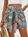 Spot European And American Cross-Border Independent Station Temu Amazon Printed High-Waisted Shorts, Bohemian Style Front-Knotted Shorts