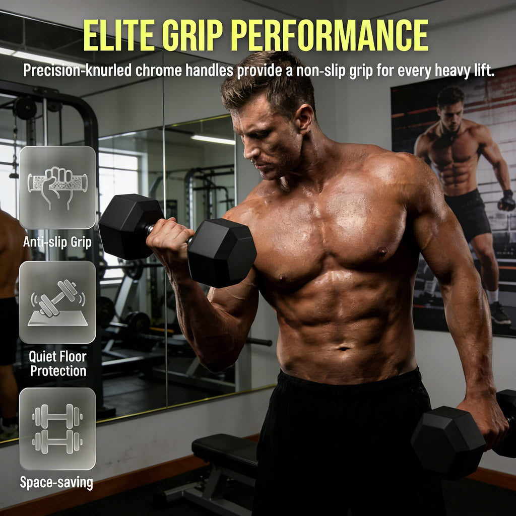 450-Pounds Rubber Hex Dumbbell Set With Rack (SAK90714)