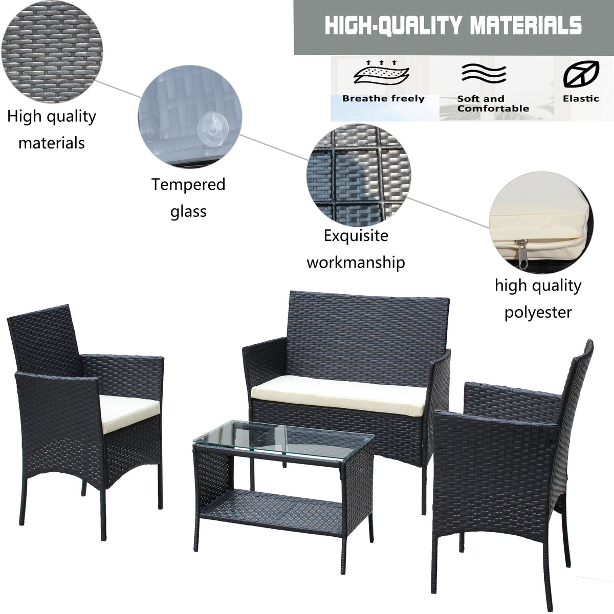 4 PC Rattan Patio Furniture Set with Cushioned Sofa - Black