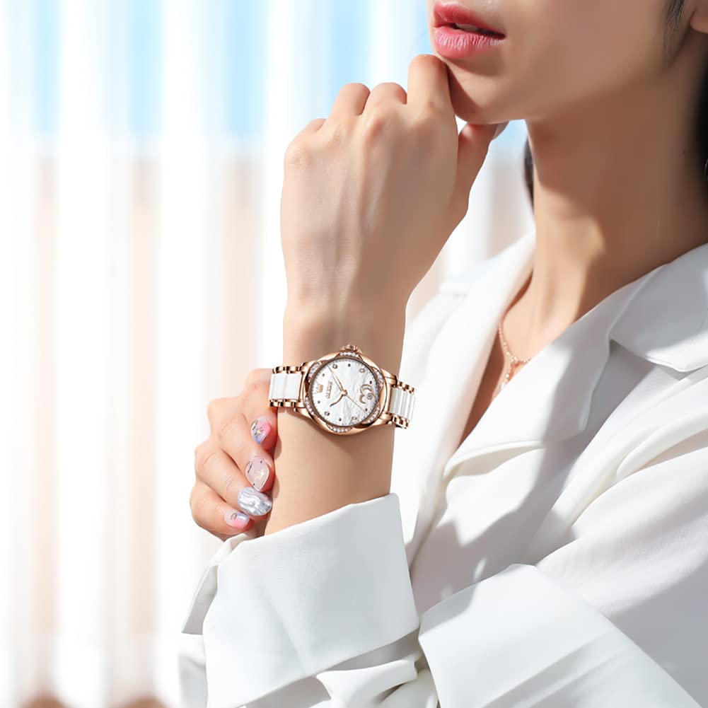 OLEVS Automatic Womens Watches Large Face Ceramic Self Winding Dress Watch for Women Diamond Waterproof Two Tone Stainless Steel Fashion Fashion Premium Bracelet No Battery Ladies Watches