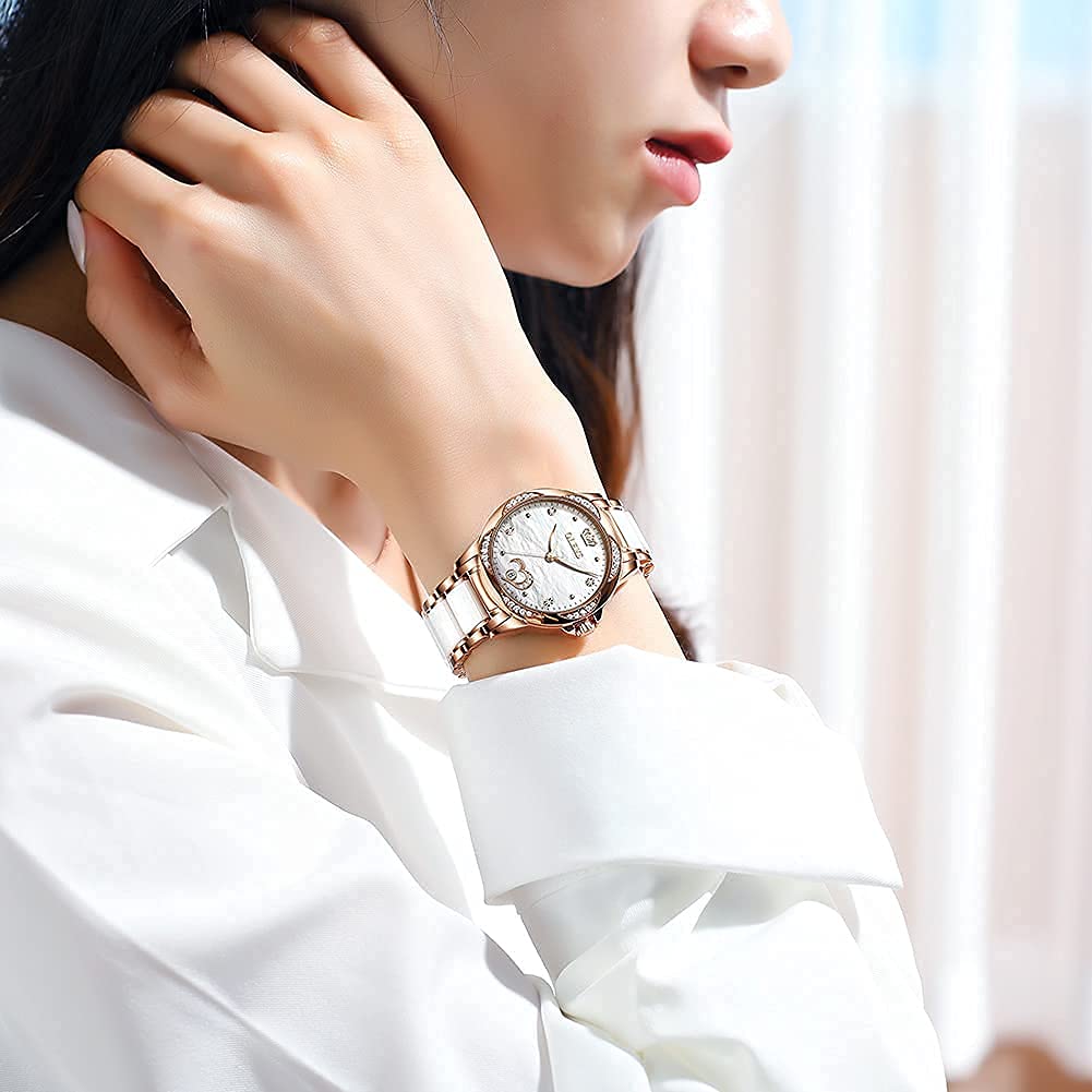 OLEVS Automatic Womens Watches Large Face Ceramic Self Winding Dress Watch for Women Diamond Waterproof Two Tone Stainless Steel Fashion Fashion Premium Bracelet No Battery Ladies Watches