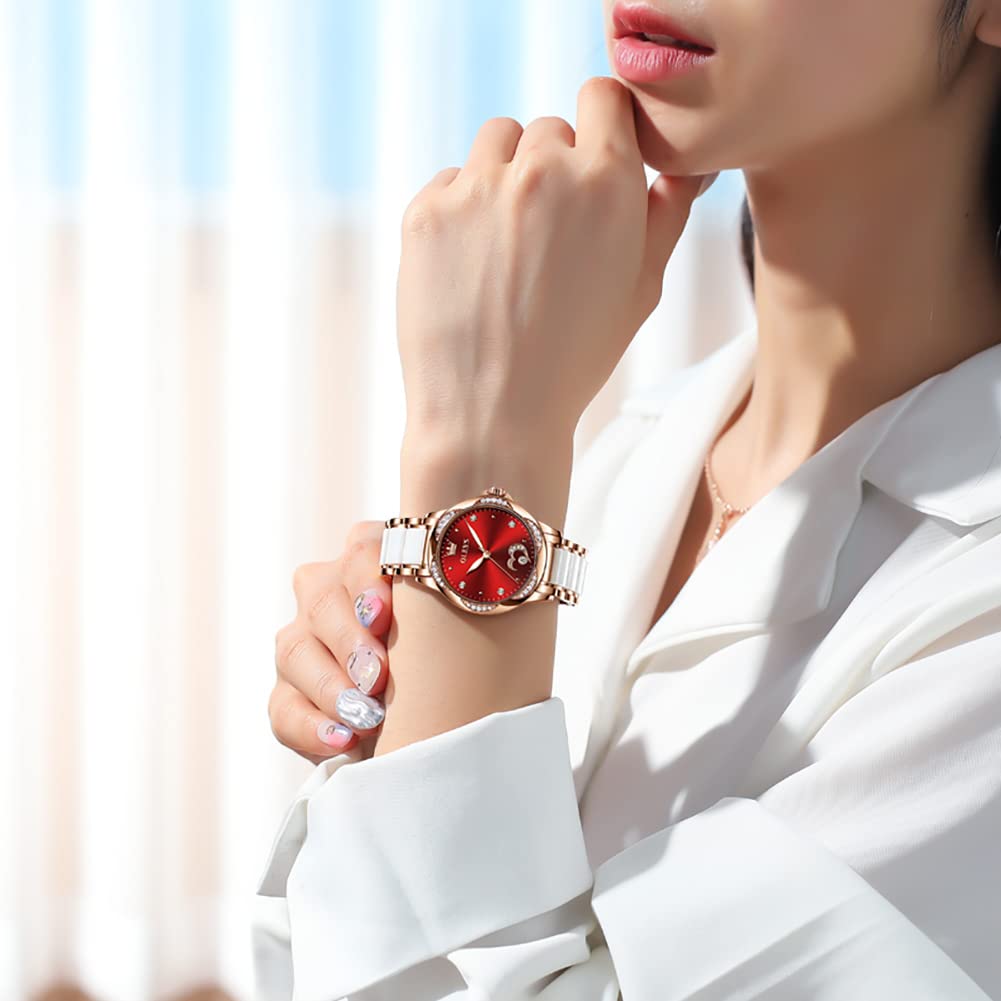 OLEVS Automatic Womens Watches Large Face Ceramic Self Winding Dress Watch for Women Diamond Waterproof Two Tone Stainless Steel Fashion Fashion Premium Bracelet No Battery Ladies Watches