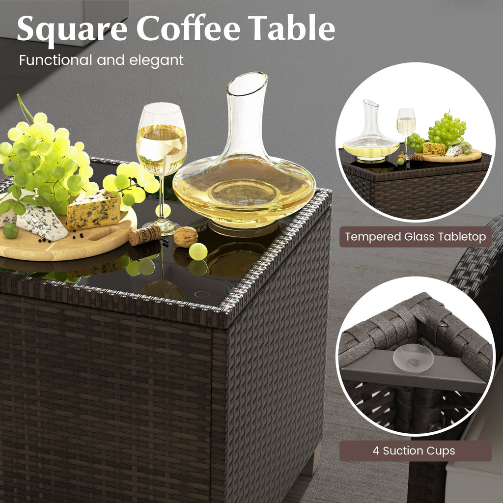 5 Pieces Patio Rattan Furniture with 2 Ottomans and Tempered Glass Coffee Table-Red