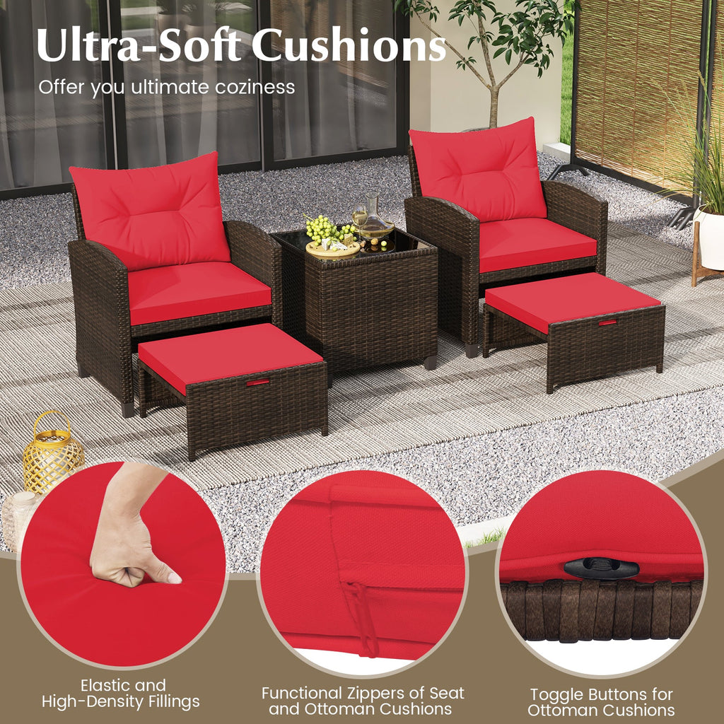 5 Pieces Patio Rattan Furniture with 2 Ottomans and Tempered Glass Coffee Table-Red