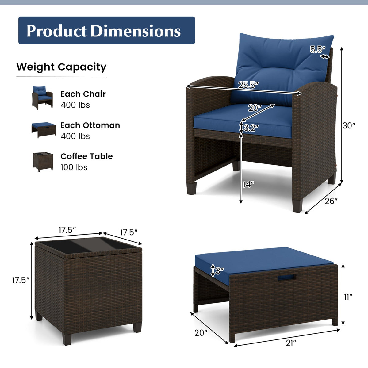5 Pieces Patio Rattan Furniture with 2 Ottomans and Tempered Glass Coffee Table-Red