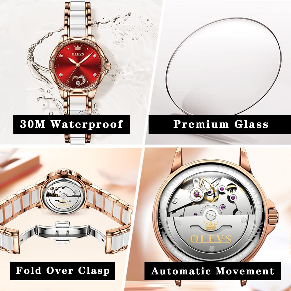 OLEVS Automatic Womens Watches Large Face Ceramic Self Winding Dress Watch for Women Diamond Waterproof Two Tone Stainless Steel Fashion Fashion Premium Bracelet No Battery Ladies Watches