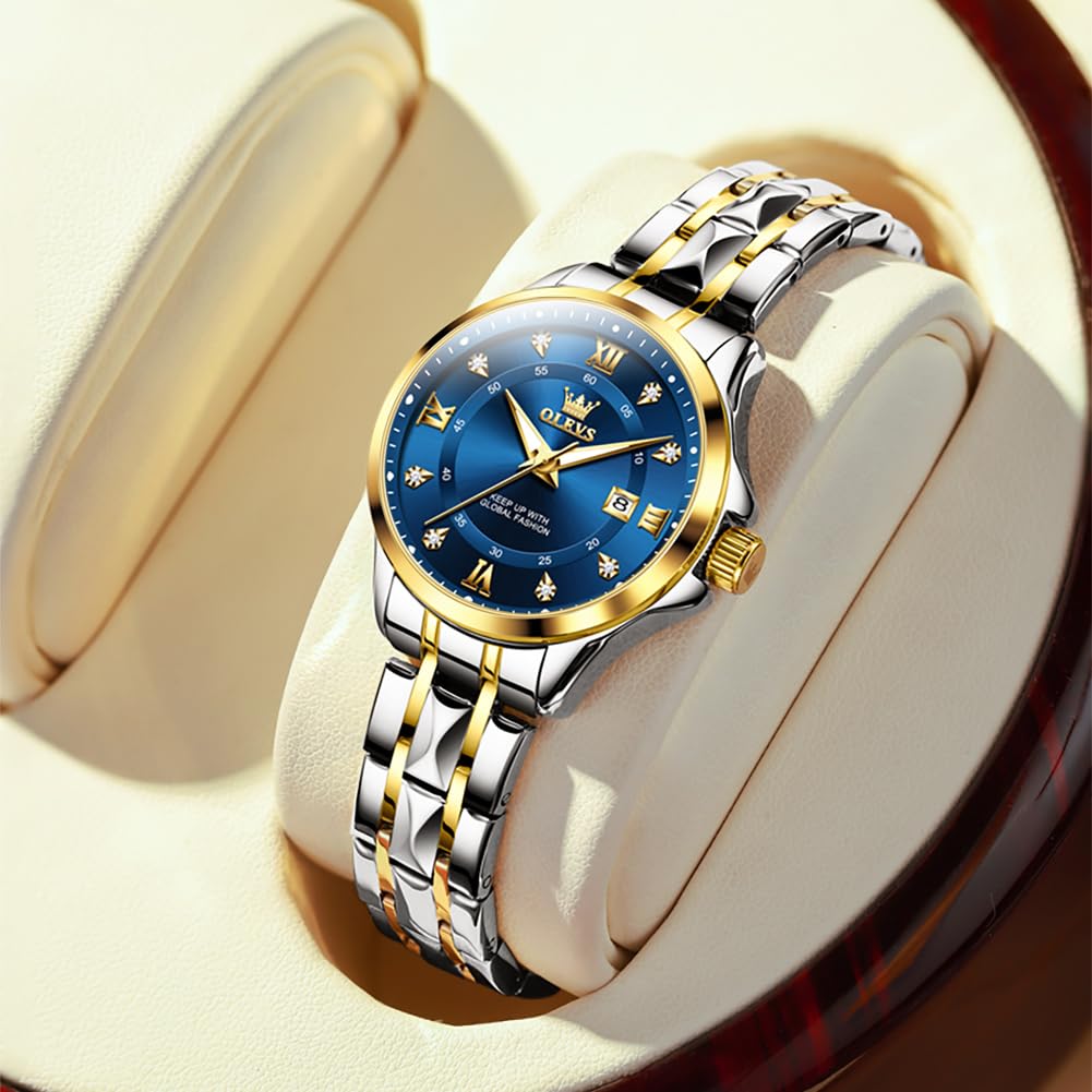OLEVS Watch Women Two Tone Watches for Women with Date Dress Womens Watches for Small Wrists Luxury Easy Read Womens Watch Waterproof Blue/Black/Gold/Silver Dial Reloj para Mujer