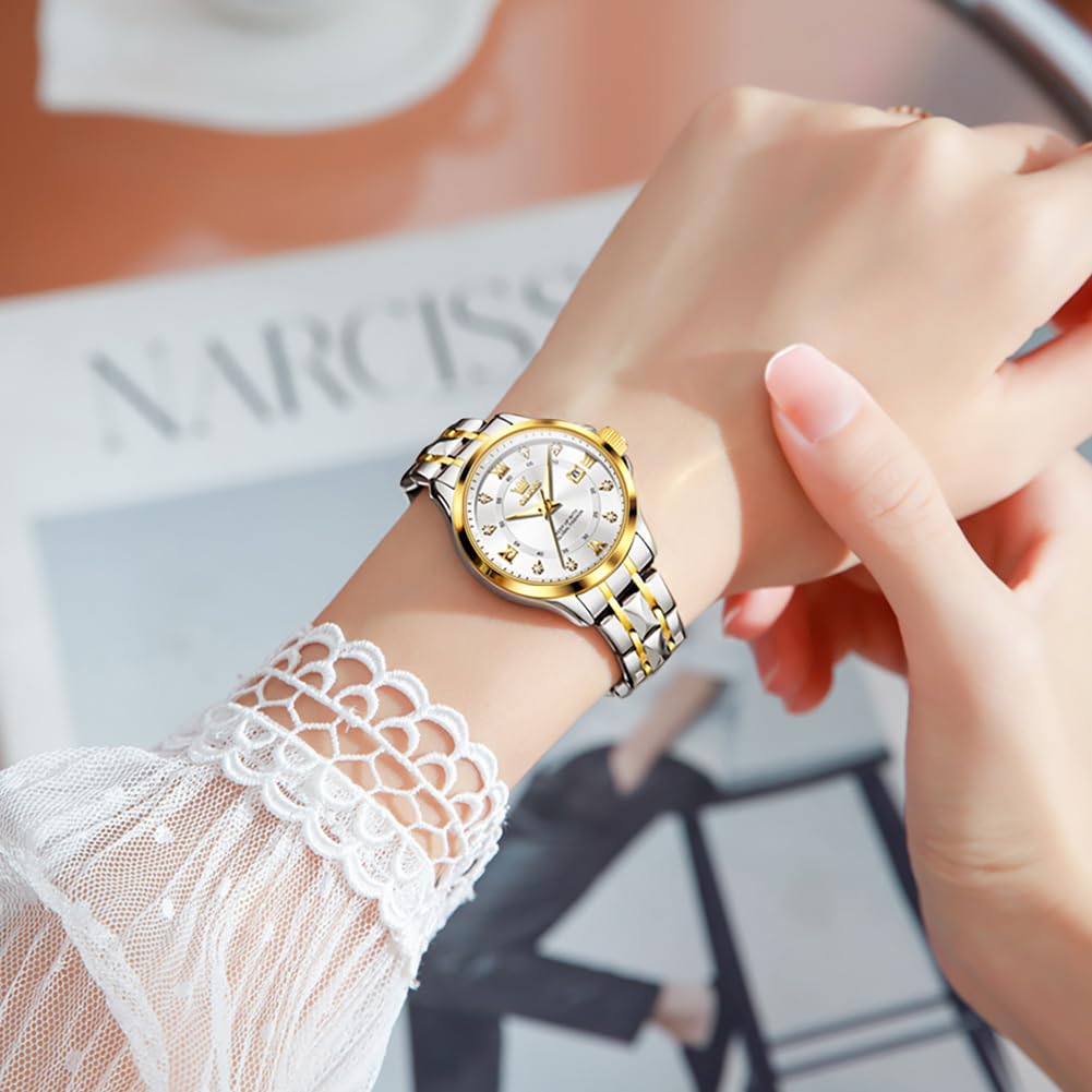 OLEVS Watch Women Two Tone Watches for Women with Date Dress Womens Watches for Small Wrists Luxury Easy Read Womens Watch Waterproof Blue/Black/Gold/Silver Dial Reloj para Mujer