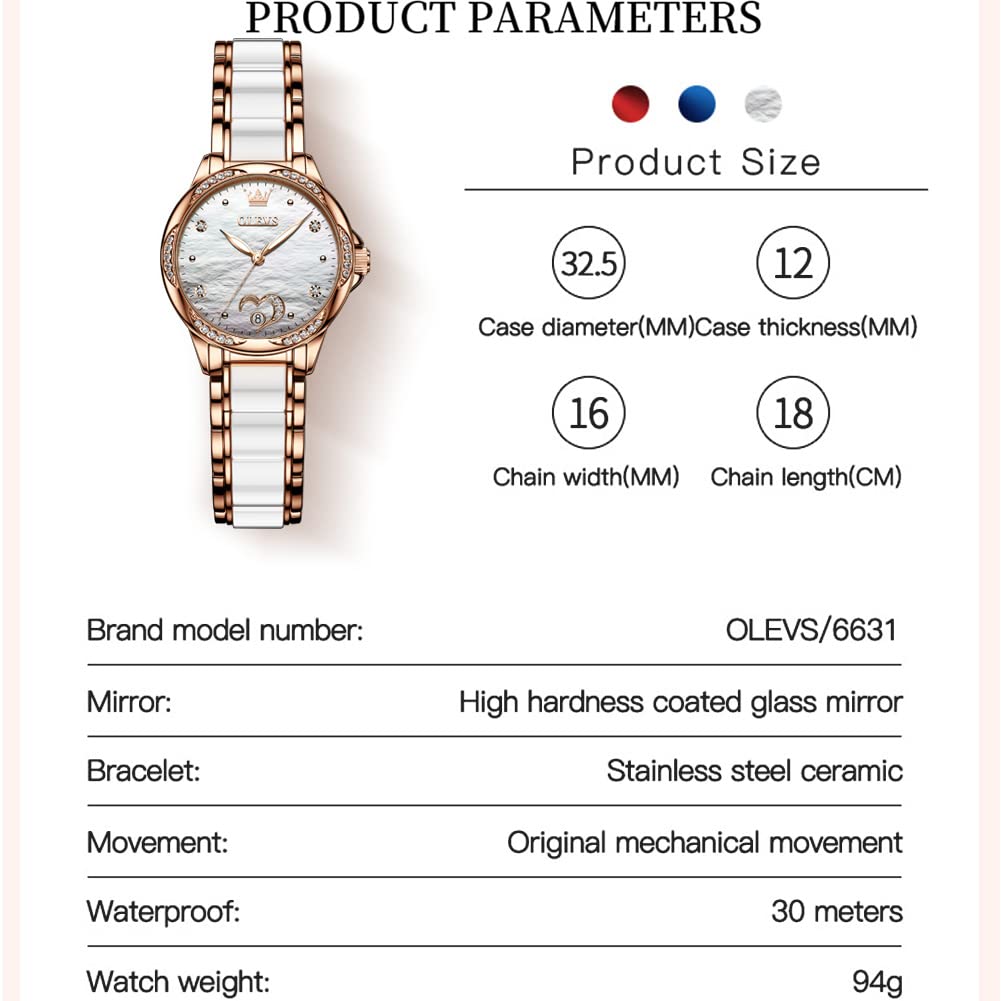 OLEVS Automatic Womens Watches Large Face Ceramic Self Winding Dress Watch for Women Diamond Waterproof Two Tone Stainless Steel Fashion Fashion Premium Bracelet No Battery Ladies Watches