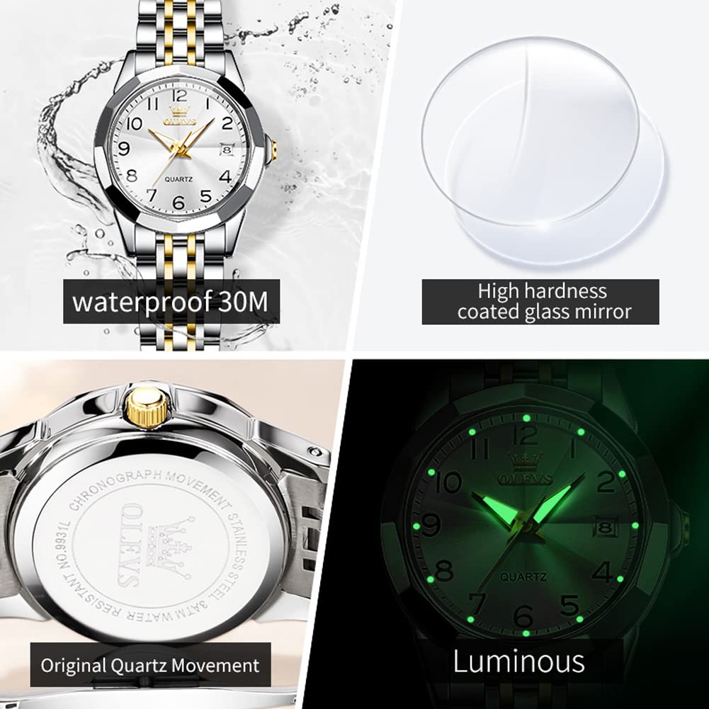 OLEVS Womens Watch Fashion Dress Diamond Female Watches for Ladies Analog Quartz Stainless Steel Waterproof Luminous Day Date Two Tone Wristwatch