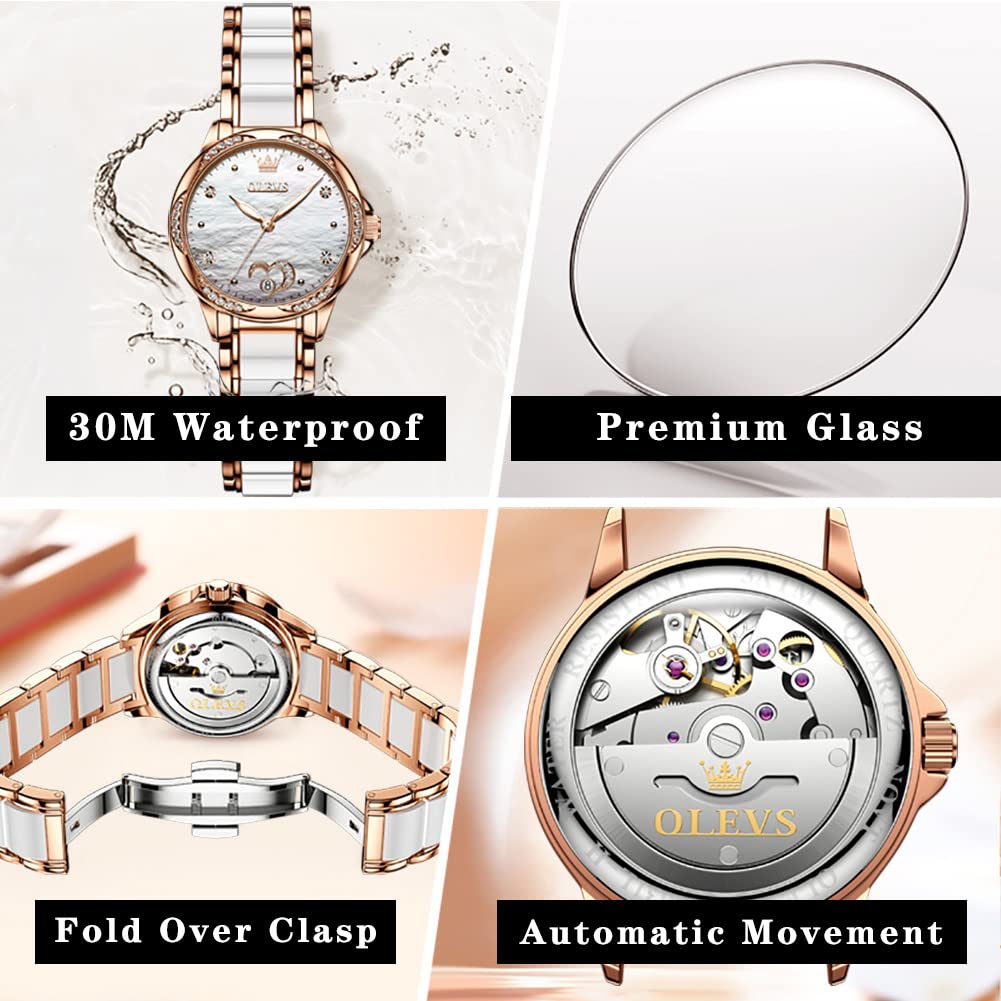 OLEVS Automatic Womens Watches Large Face Ceramic Self Winding Dress Watch for Women Diamond Waterproof Two Tone Stainless Steel Fashion Fashion Premium Bracelet No Battery Ladies Watches