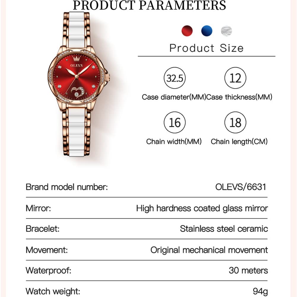 OLEVS Automatic Womens Watches Large Face Ceramic Self Winding Dress Watch for Women Diamond Waterproof Two Tone Stainless Steel Fashion Fashion Premium Bracelet No Battery Ladies Watches