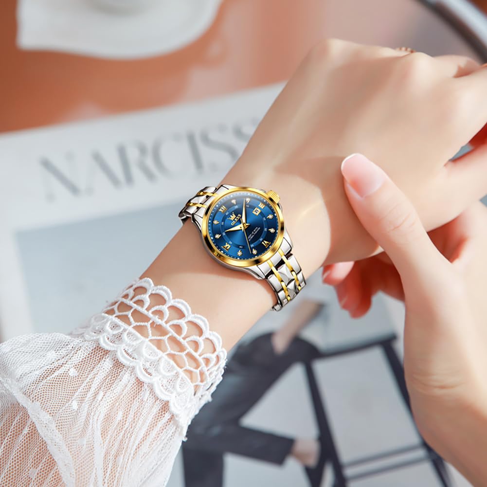 OLEVS Watch Women Two Tone Watches for Women with Date Dress Womens Watches for Small Wrists Luxury Easy Read Womens Watch Waterproof Blue/Black/Gold/Silver Dial Reloj para Mujer