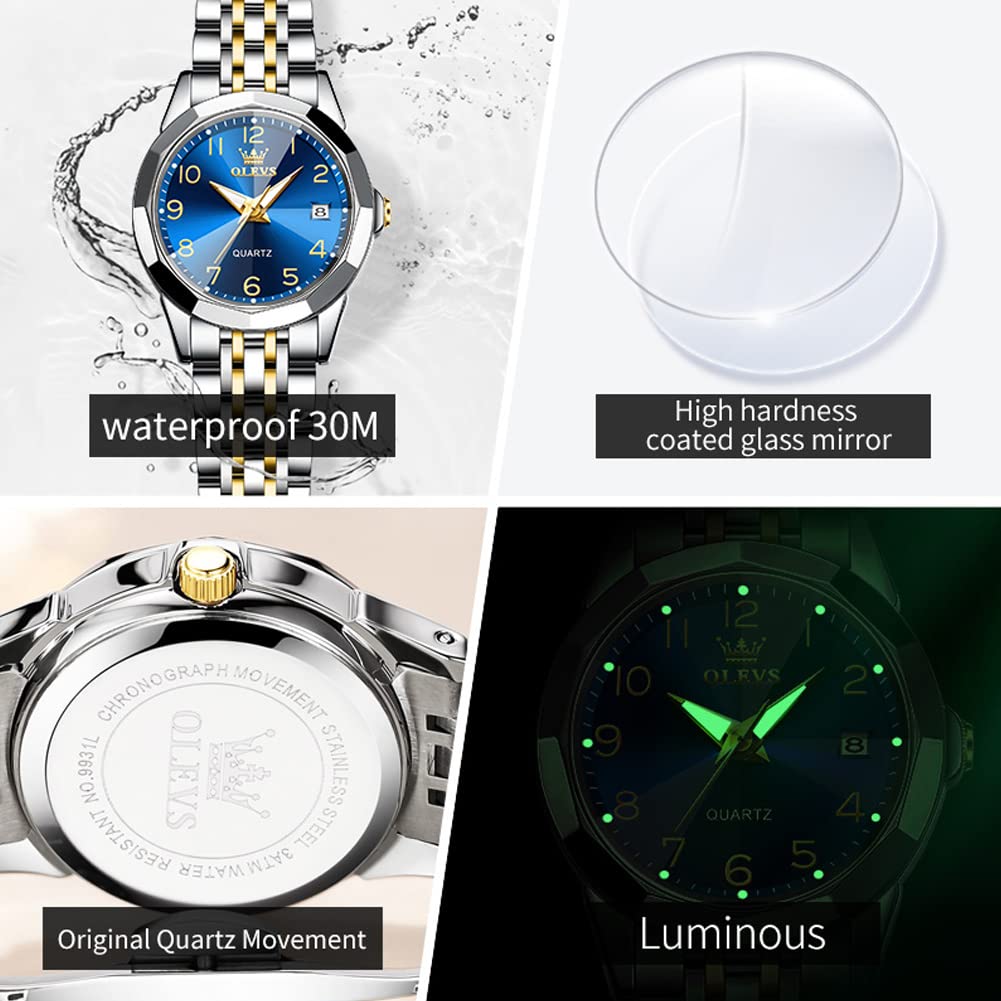 OLEVS Womens Watch Fashion Dress Diamond Female Watches for Ladies Analog Quartz Stainless Steel Waterproof Luminous Day Date Two Tone Wristwatch