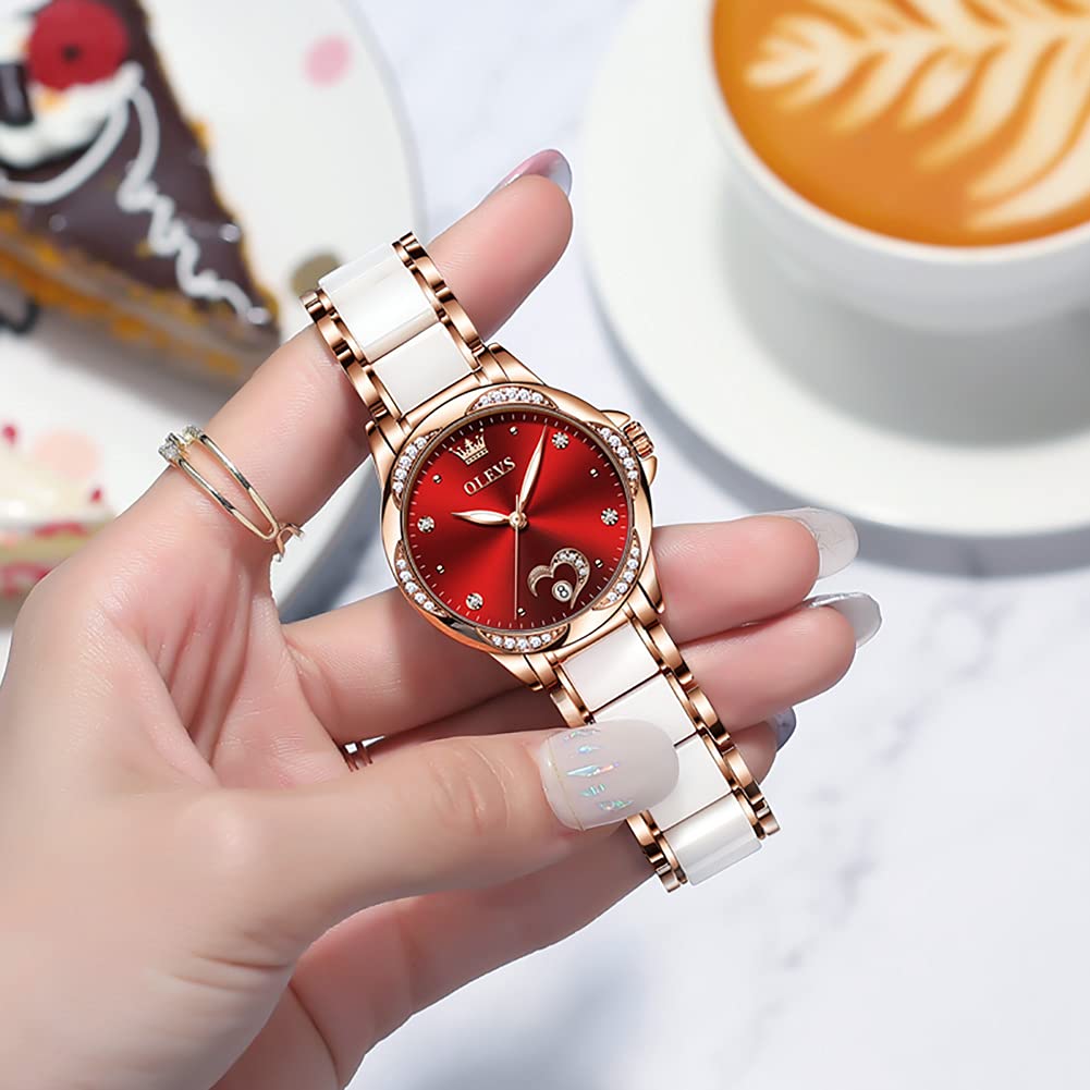 OLEVS Automatic Womens Watches Large Face Ceramic Self Winding Dress Watch for Women Diamond Waterproof Two Tone Stainless Steel Fashion Fashion Premium Bracelet No Battery Ladies Watches