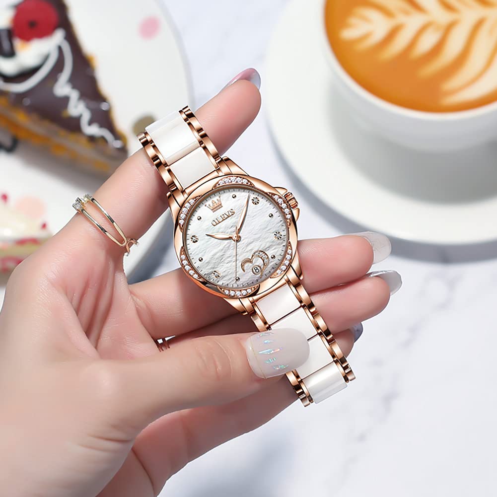 OLEVS Automatic Womens Watches Large Face Ceramic Self Winding Dress Watch for Women Diamond Waterproof Two Tone Stainless Steel Fashion Fashion Premium Bracelet No Battery Ladies Watches
