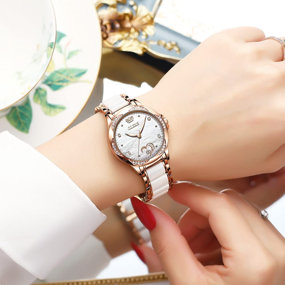 OLEVS Automatic Womens Watches Large Face Ceramic Self Winding Dress Watch for Women Diamond Waterproof Two Tone Stainless Steel Fashion Fashion Premium Bracelet No Battery Ladies Watches