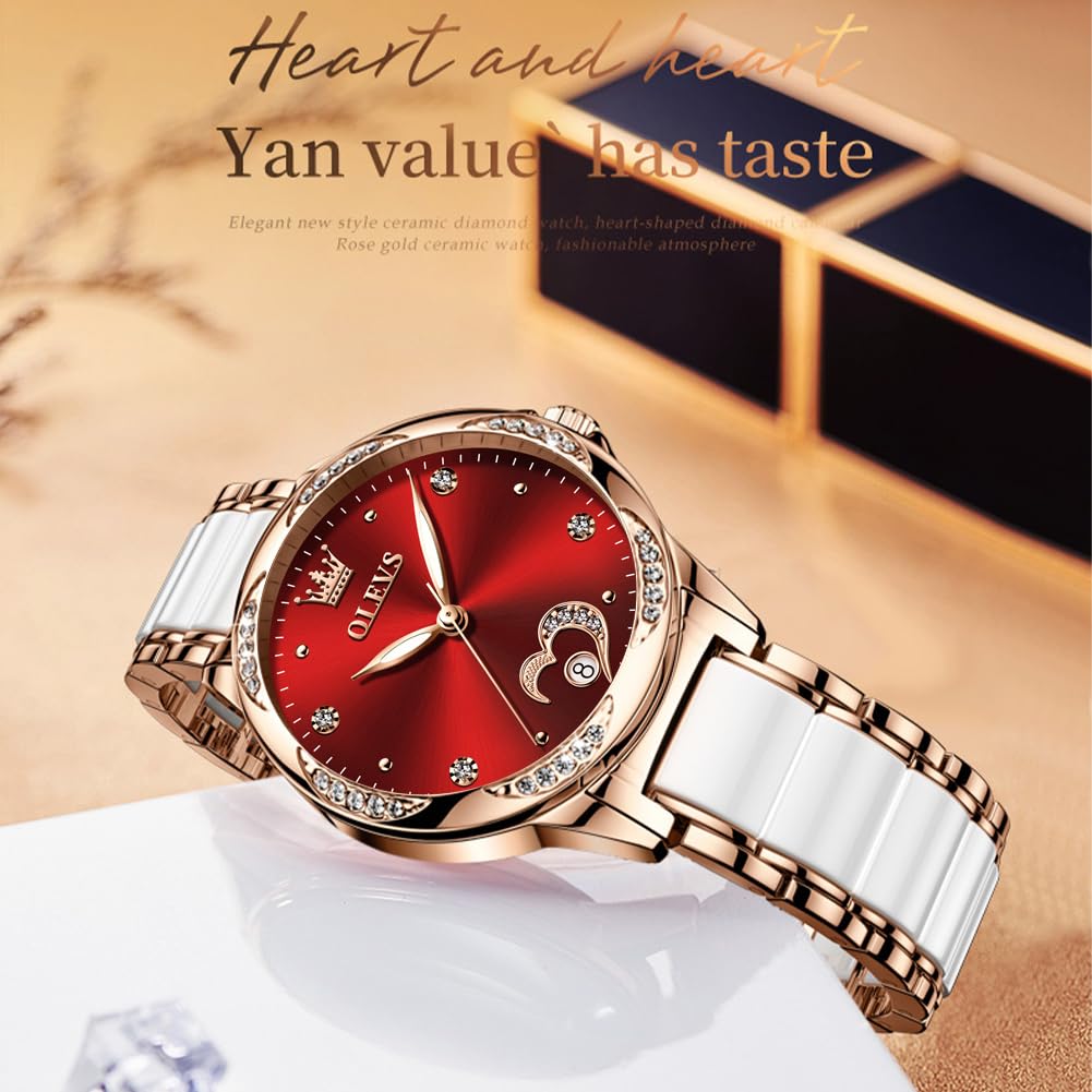 OLEVS Automatic Womens Watches Large Face Ceramic Self Winding Dress Watch for Women Diamond Waterproof Two Tone Stainless Steel Fashion Fashion Premium Bracelet No Battery Ladies Watches