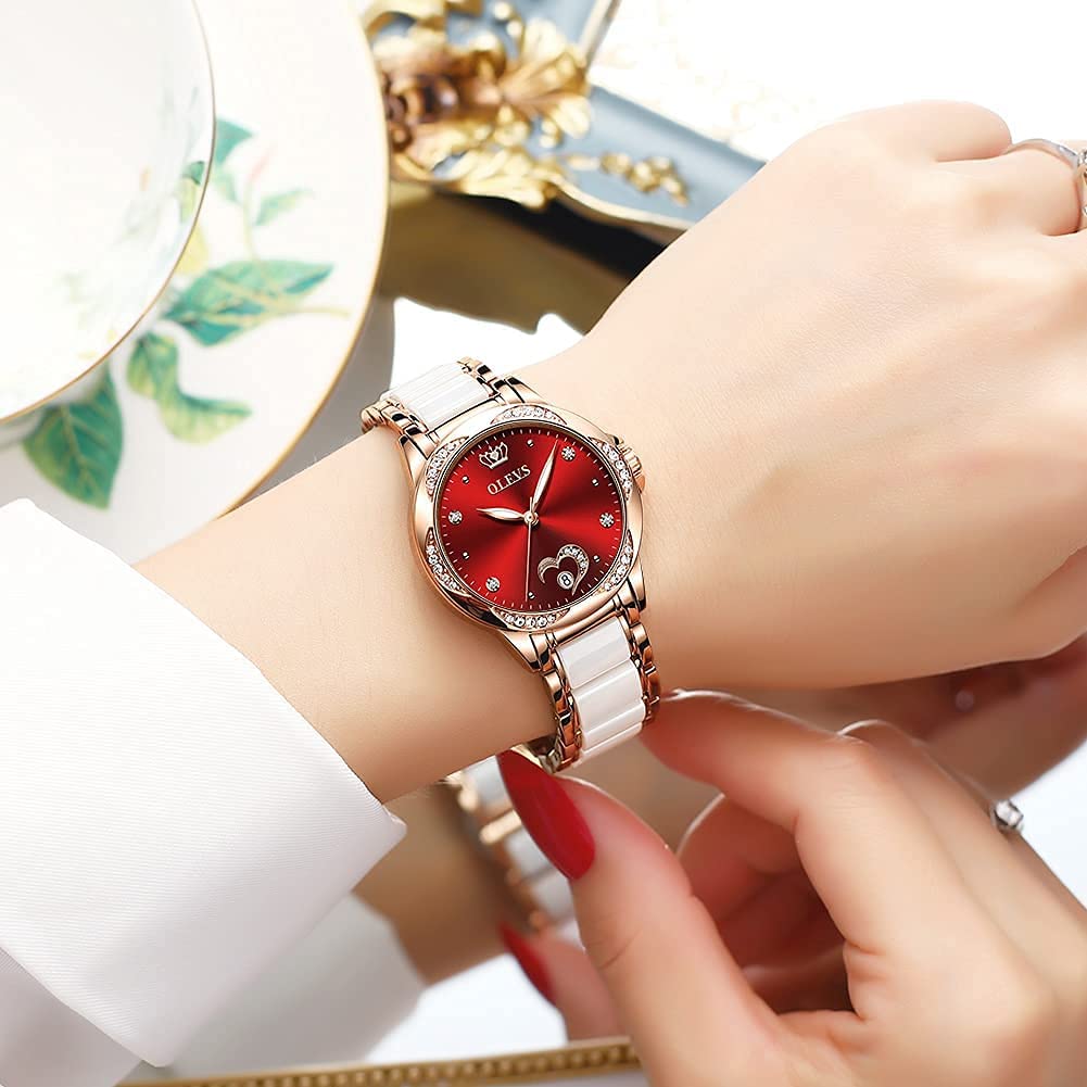 OLEVS Automatic Womens Watches Large Face Ceramic Self Winding Dress Watch for Women Diamond Waterproof Two Tone Stainless Steel Fashion Fashion Premium Bracelet No Battery Ladies Watches