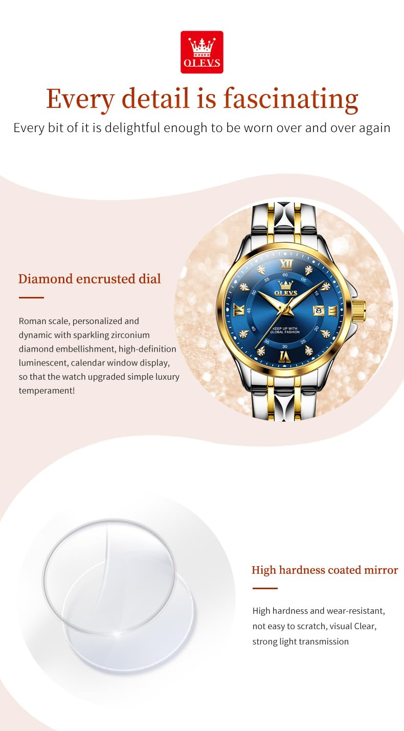 OLEVS Watch Women Two Tone Watches for Women with Date Dress Womens Watches for Small Wrists Luxury Easy Read Womens Watch Waterproof Blue/Black/Gold/Silver Dial Reloj para Mujer