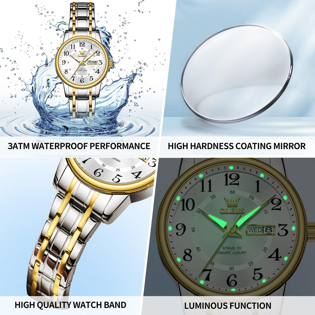 OLEVS Watch Women Two Tone Watches for Women with Date Dress Womens Watches for Small Wrists Luxury Easy Read Womens Watch Waterproof Blue/Black/Gold/Silver Dial Reloj para Mujer