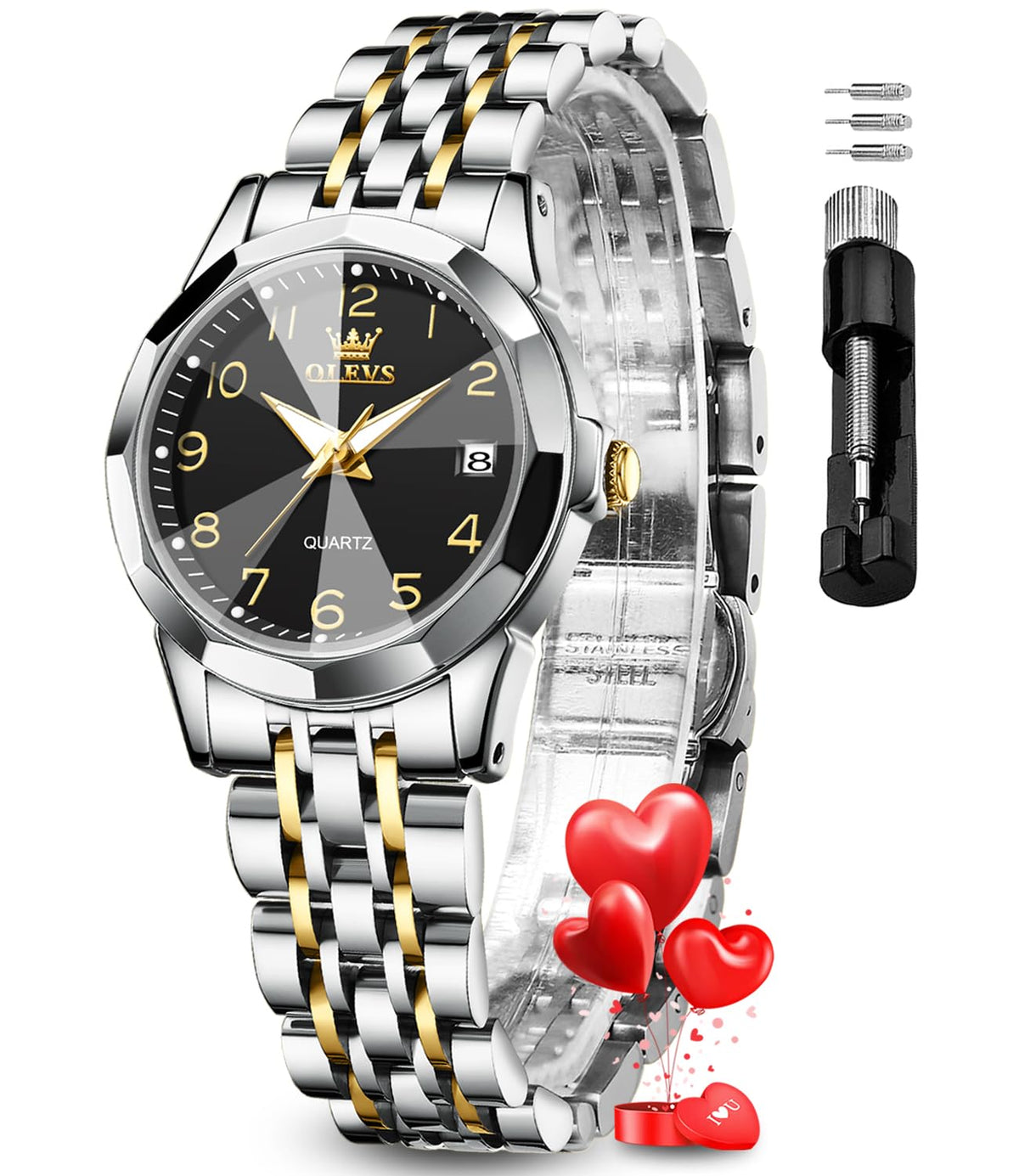 OLEVS Womens Watch Fashion Dress Diamond Female Watches for Ladies Analog Quartz Stainless Steel Waterproof Luminous Day Date Two Tone Wristwatch