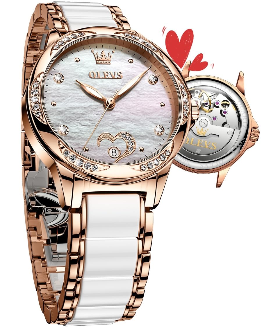 OLEVS Automatic Womens Watches Large Face Ceramic Self Winding Dress Watch for Women Diamond Waterproof Two Tone Stainless Steel Fashion Fashion Premium Bracelet No Battery Ladies Watches