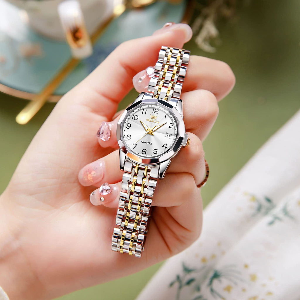 OLEVS Womens Watch Fashion Dress Diamond Female Watches for Ladies Analog Quartz Stainless Steel Waterproof Luminous Day Date Two Tone Wristwatch