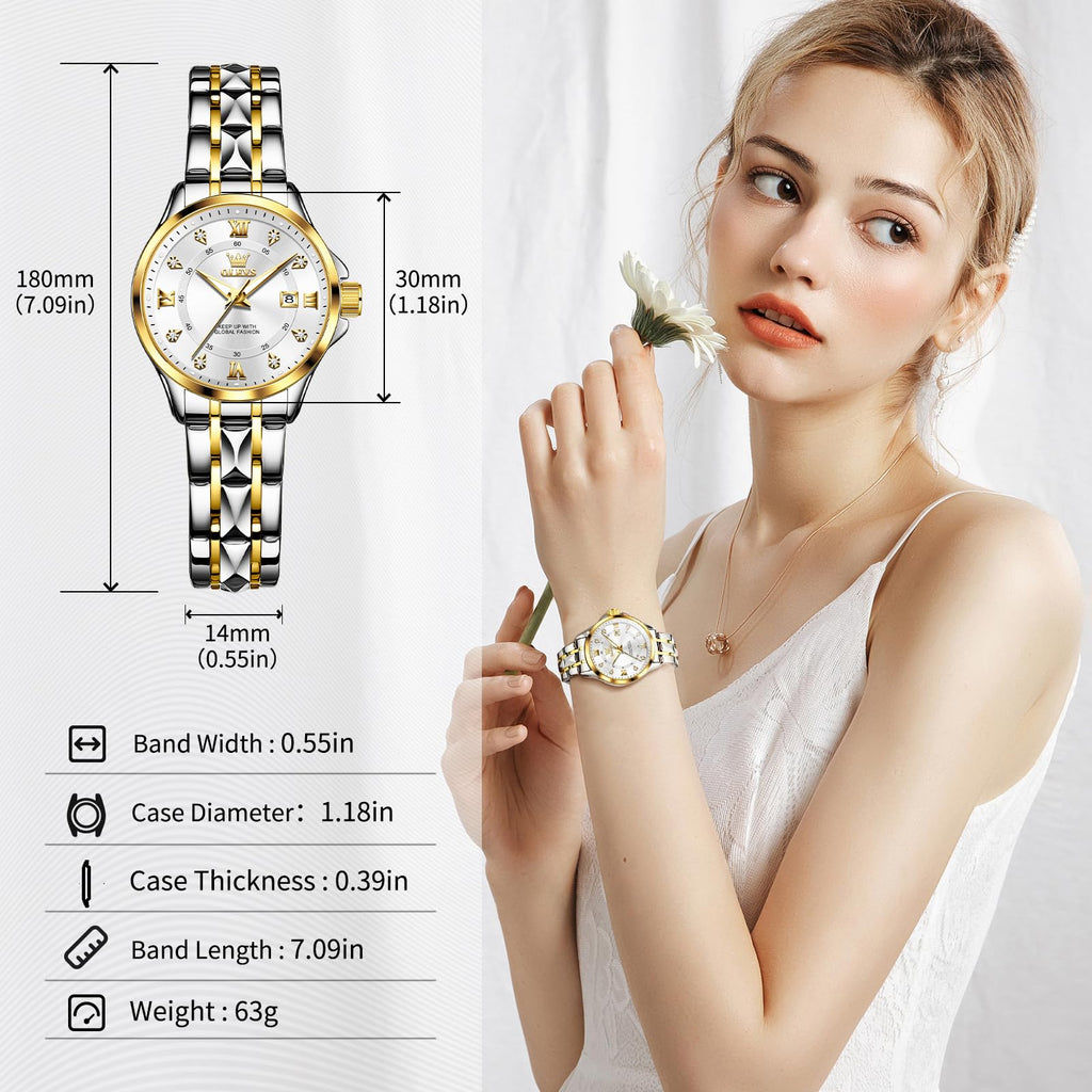 OLEVS Watch Women Two Tone Watches for Women with Date Dress Womens Watches for Small Wrists Luxury Easy Read Womens Watch Waterproof Blue/Black/Gold/Silver Dial Reloj para Mujer