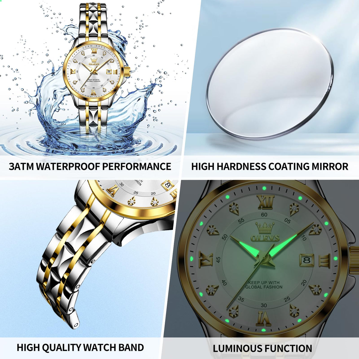 OLEVS Watch Women Two Tone Watches for Women with Date Dress Womens Watches for Small Wrists Luxury Easy Read Womens Watch Waterproof Blue/Black/Gold/Silver Dial Reloj para Mujer