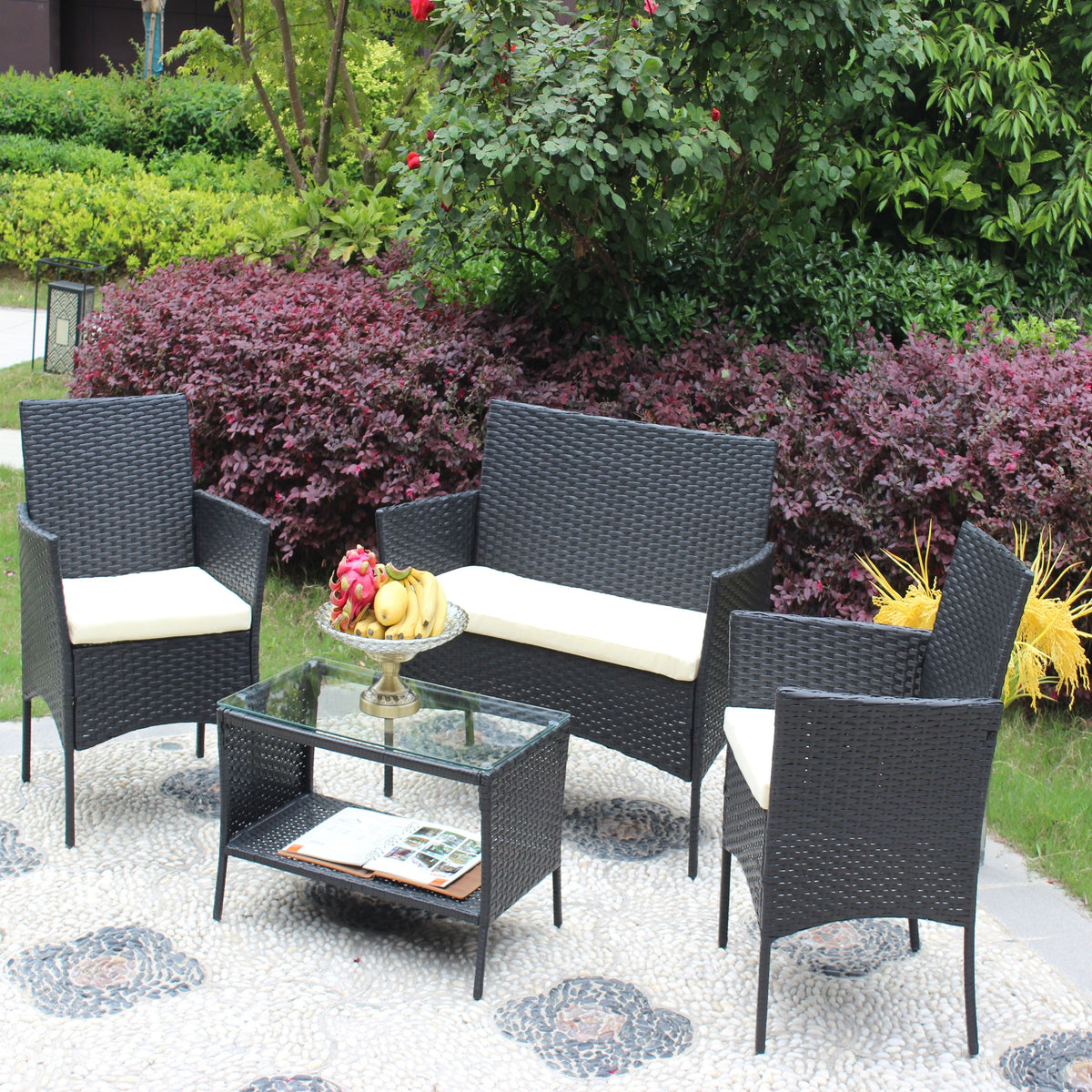 4 PC Rattan Patio Furniture Set with Cushioned Sofa - Black