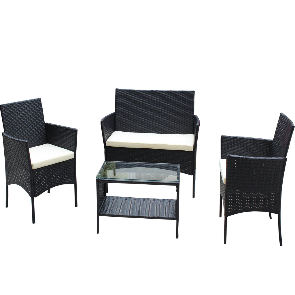 4 PC Rattan Patio Furniture Set with Cushioned Sofa - Black