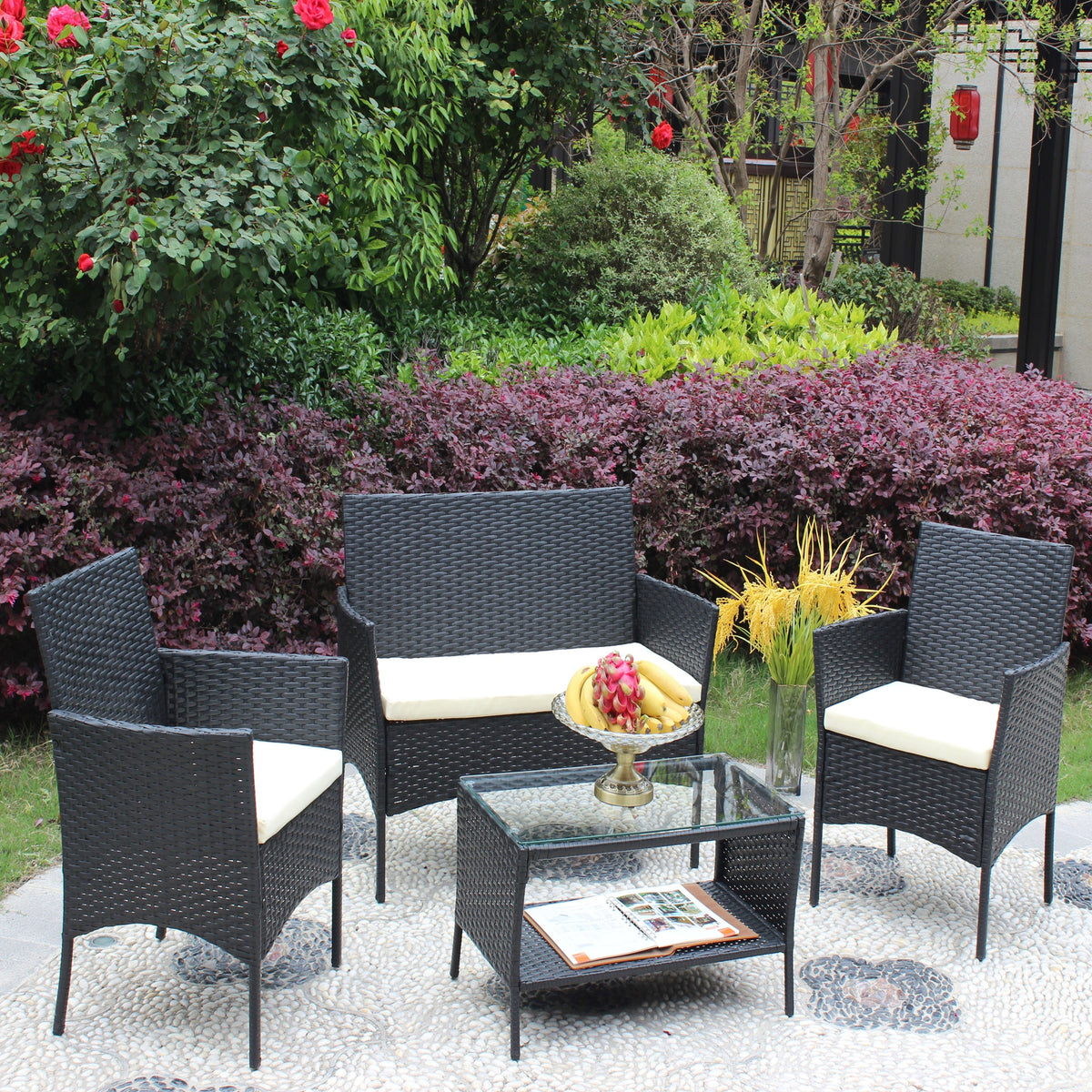 4 PC Rattan Patio Furniture Set with Cushioned Sofa - Black