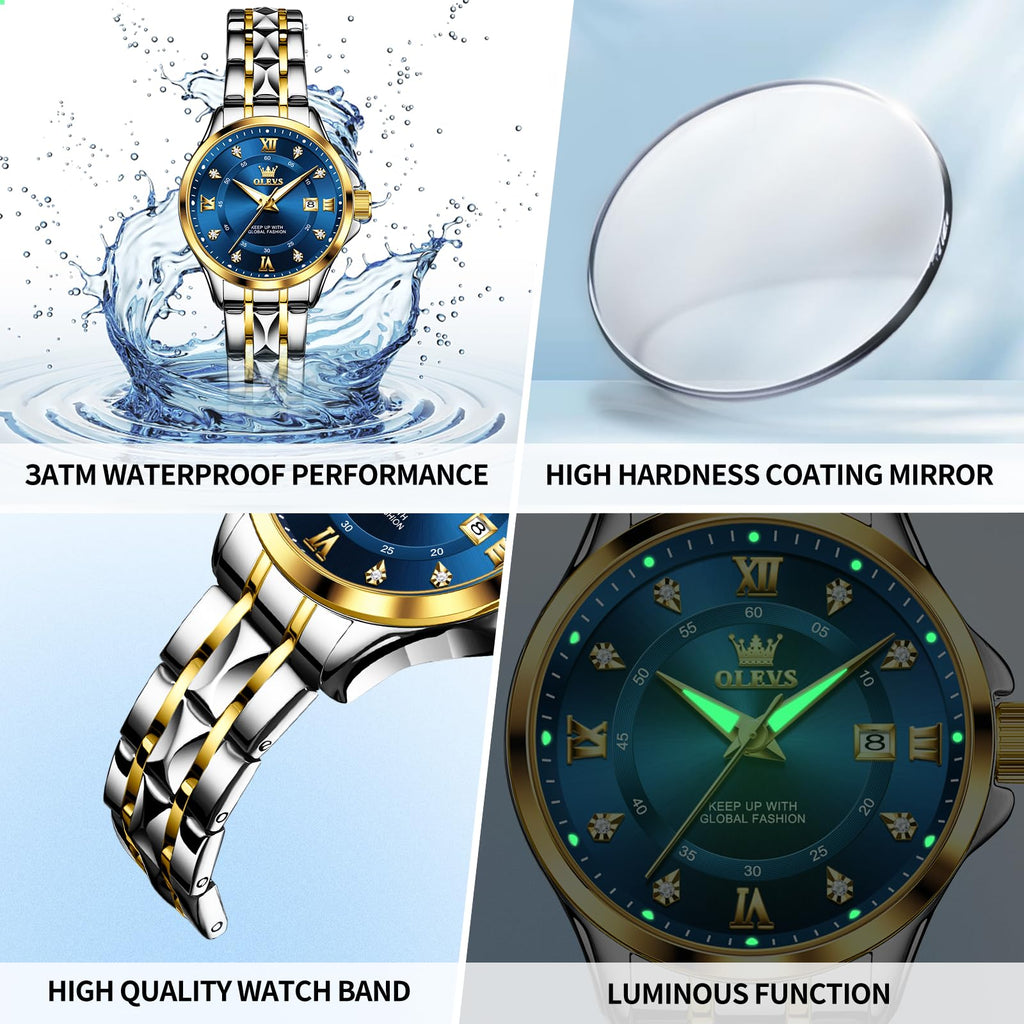 OLEVS Watch Women Two Tone Watches for Women with Date Dress Womens Watches for Small Wrists Luxury Easy Read Womens Watch Waterproof Blue/Black/Gold/Silver Dial Reloj para Mujer
