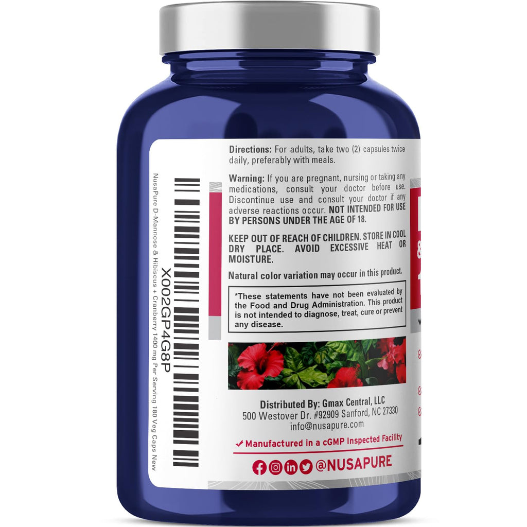 NusaPure D-Mannose Complex 1400 mg (with Hibiscus and Cranberry) - 180 Veggie Caps.