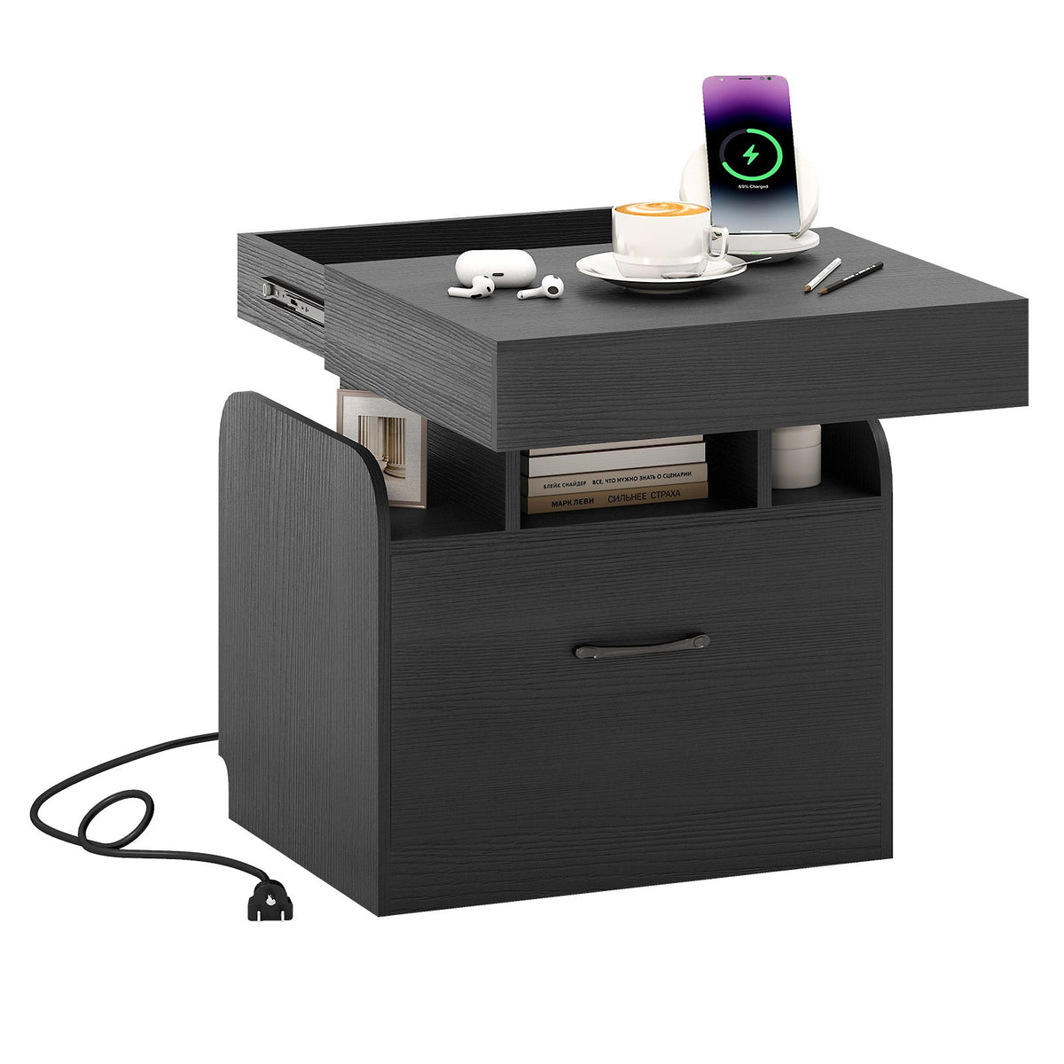 Nightstand with Charging Station Modern Bedside Table for Living Room Bedroom Office