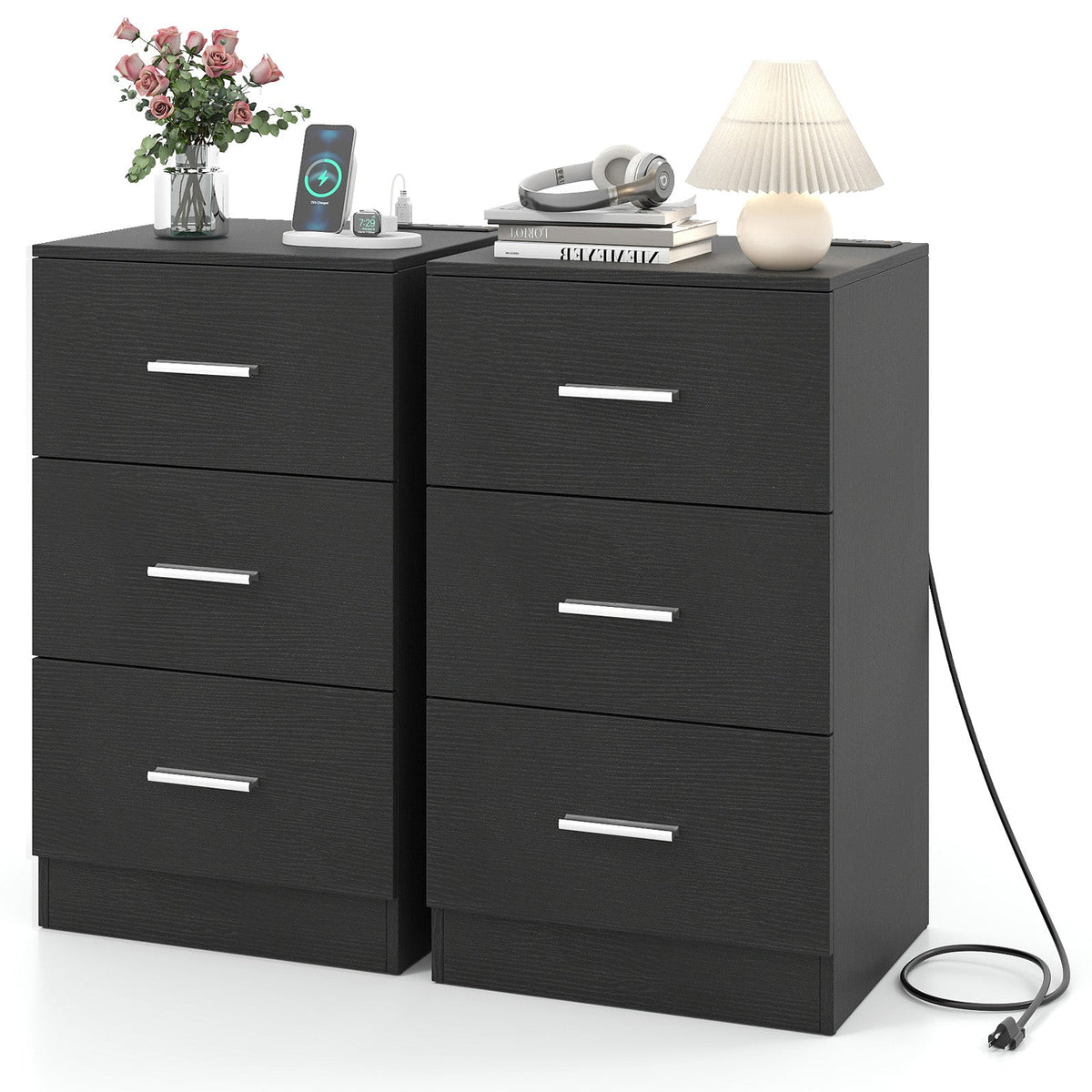 Set of 2 Nightstand with Charging Station End Table with 3 Storage Drawers Bedside Table for Bedroom